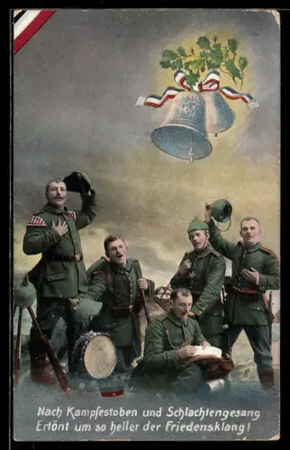AK Soldaten der Infanterie in Uniform mit Pickelhaube und Gewehr, Glocke mit Fahnenband