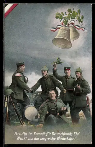 AK Soldaten der Infanterie in Uniform mit Pickelhaube und Gewehr, Glocken mit schwarz-weiss-rotem Fahnenband