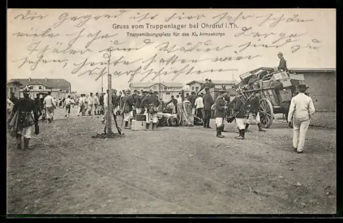 AK Ohrdruf, Truppenlager, Truppenübungsplatz für das XI. Armeekorps, Reservisten entladen Leiterwagen