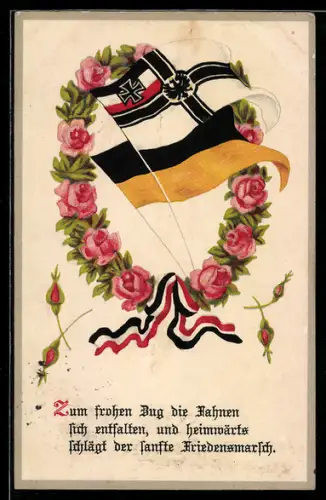 AK Deutsche Reichskriegsflagge und Habsburger Fahne mit Blumenkranz aus Rosen, Zweibund