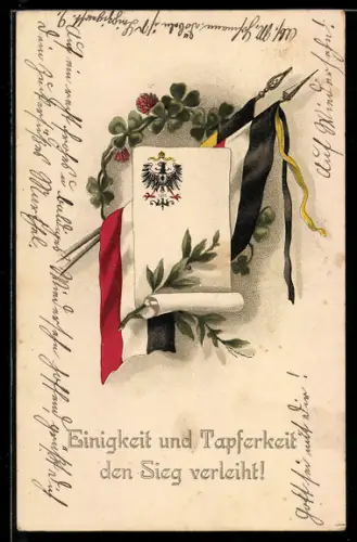 AK Kleeblätter mit Papier und Flaggen, Einigkeit und Tapferkeit...