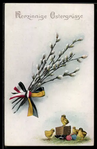 AK Weidenkätzchen mit deutscher und österreichischer Bandschleife, Zweibund