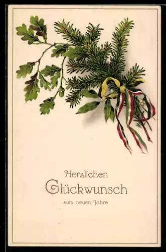 Künstler-AK Neujahrsgruss, Zweibundfahnen, Eichenlaub