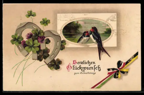 AK Deutsche und österr. Fahnenschleife, Hufeisen und Singvögel, Zweibund