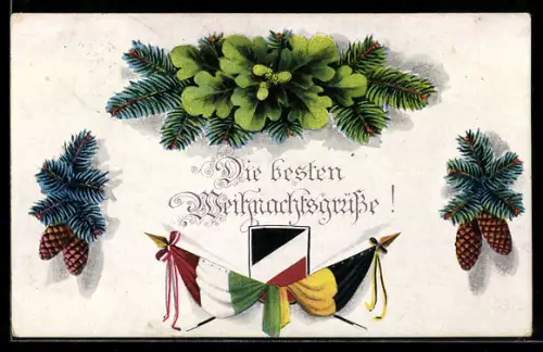 AK Deutsches Wappenschild, österr. und ungar. Fahnen, Weihnachtsgrüsse, Zweibund