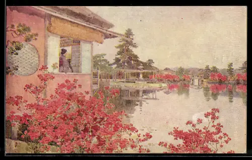 Ölgemälde-Imitations-AK Nagaoka, Azaleas, Japanese Gardens