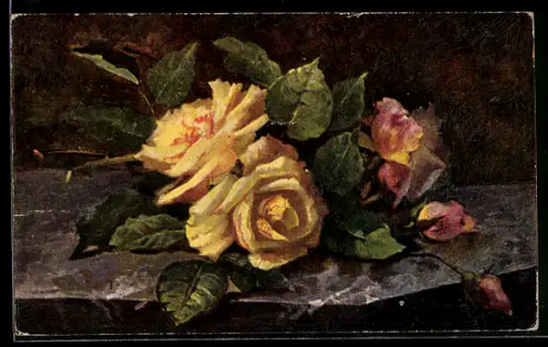 Ölgemälde-Imitations-AK Edelrosen auf einem Tisch