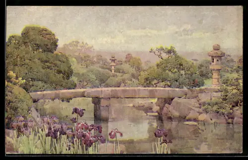 Ölgemälde-Imitations-AK Tokyo, Satake Garden, Japanese Gardens