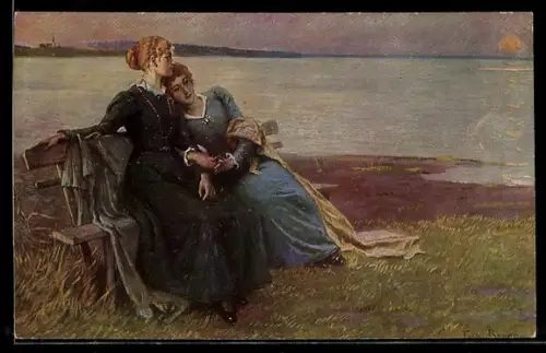 Künstler-AK sign. Fritz Raupp: Sonnenuntergang, zwei junge Damen am Seeufer