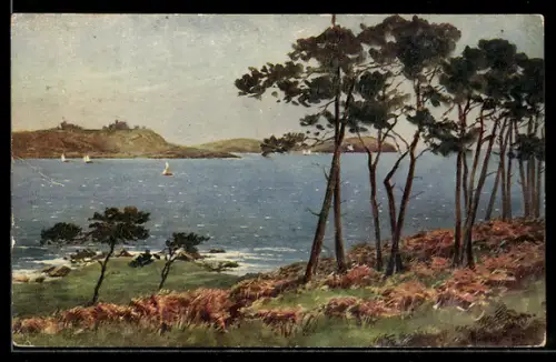 Ölgemälde-Imitations-AK Bucht mit Segelbooten u. Uferpartie
