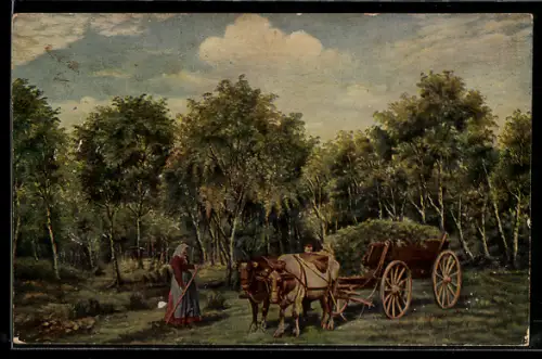 Ölgemälde-Imitations-AK Heidebewohner bei der Arbeit