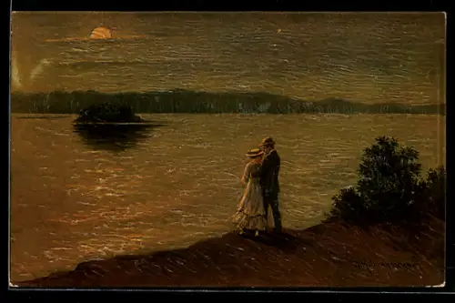 Ölgemälde-Imitations-AK Im Mondenschein, Liebespaar