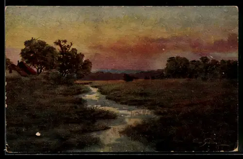 Ölgemälde-Imitations-AK Abendstimmung, Flusslandschaft