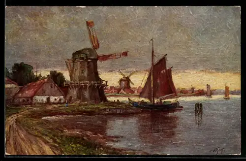 Künstler-AK Windmühle und Segelboot