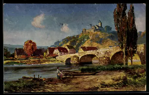 Ölgemälde-Imitations-AK Aus dem Maintal, Brücke, Burg