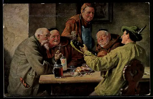 Künstler-AK Degi Nr. 1136, Sepps Schnadahüpfl, Gitarrenspieler am Tisch im Wirtshaus