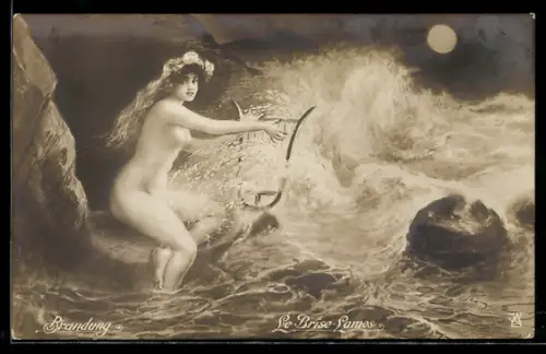 Künstler-AK Travemünde, Nixe an der Brandung mit Lyra