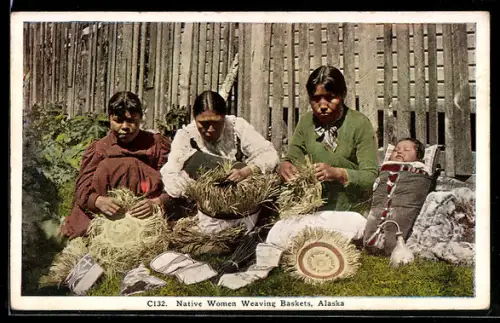 AK Alaska, Native Women Weaving Bakets