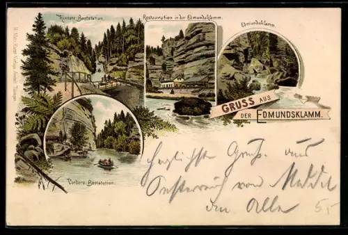 Lithographie Edmundsklamm, Restaurant, Hintere Bootstation, Vordere Bootstation