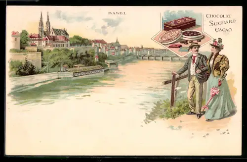 Lithographie Basel, Panorama & Reklame Chocolat Suchard Cacao