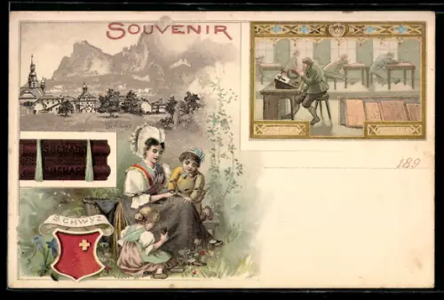 Lithographie Schwyz, Cacao Suchard, Leute in einer Fabrik, Mutter mit Kindern