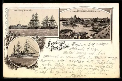 Lithographie Port Said, Entrée du Canal et Palais de la Compagnie du Canal de Suez