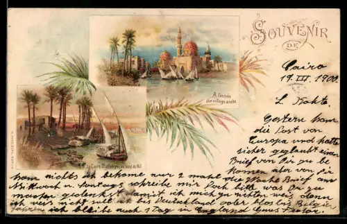 Lithographie Kairo, Le Caire, Dhahabiyes au bord du Nil