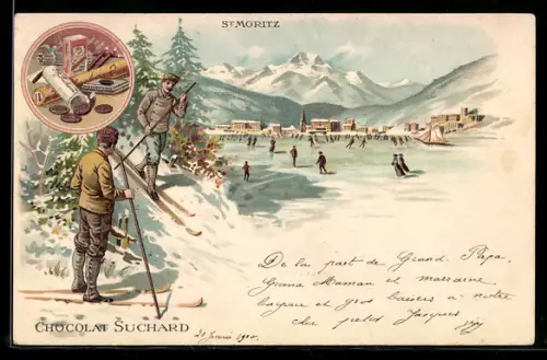 Lithographie St. Moritz, Ortsansicht mit Ski- und Schlittschuhläufern, Chocolat Suchard