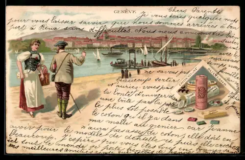 Lithographie Geneve, Teilansicht mit Uferblick und Reklame Chocolat Suchard