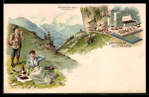 Lithographie Wildkirchli / Appenzell, Reklame für Chocolat Suchard, Kakao, Wanderpaar bei der Rast