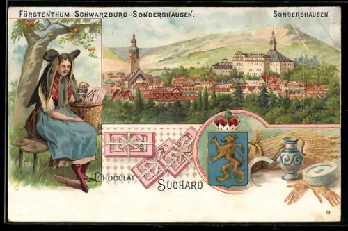 Lithographie Sondershausen, Ortsansicht, Reklame für Chocolat Suchard