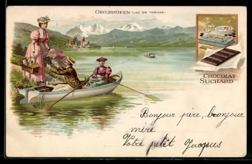 Lithographie Oberhofen, Lac Dethoune, Leute am und im Ruderboot mit Chocolat Suchard