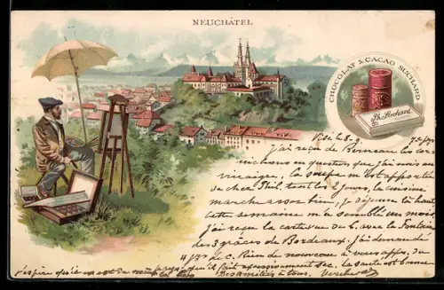 Lithographie Neuchatel, Panorama, Reklame Chocolat & Cacao Suchard, Maler
