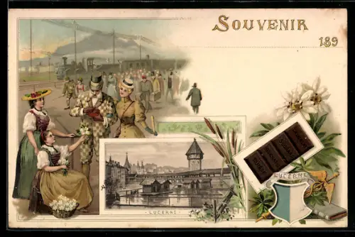 Lithographie Lucerne, Blumenverkäuferin am Bahnhof, Reklame für Cakao Suchard