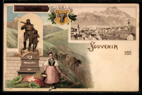 Lithographie Altdorf, Ortsansicht, Reklame für Suchard-Kakao, Wilhelm-Tell-Denkmal