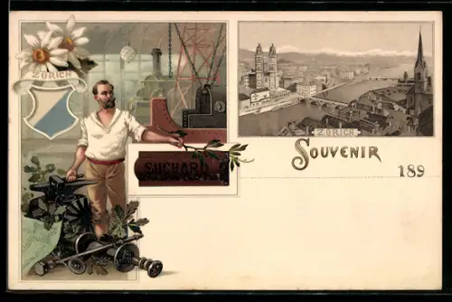 Lithographie Zürich, Ortsansicht aus der Vogelschau, Suchard-Chocolat