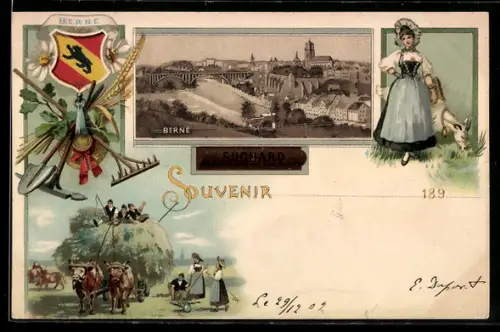 AK Berne, Blick auf den Ort, Bauern mit grosser Heufuhre