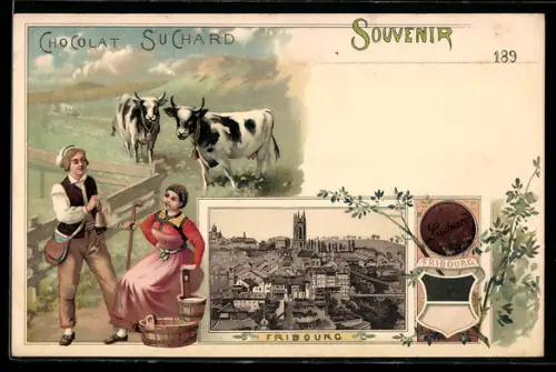 Lithographie Fribourg, Chocolat Suchard, Paar mit Kühen