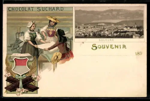 AK Solothurn, Kakao Suchard, drei Frauen in Tracht, Soleure, Wappen