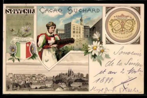 Lithographie Neuchatel, Cacao Suchard, Frau in Nationaltracht Wappen