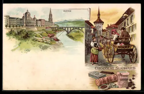 Lithographie Bern, Reklame für Chocolat Suchard, Pferdegespann, Blick zum Ort