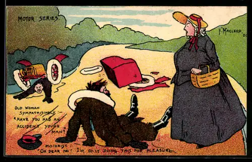 Künstler-AK sign. F. Macleod: Alte Lady im Gespräch mit verunfalltem Autofahrer