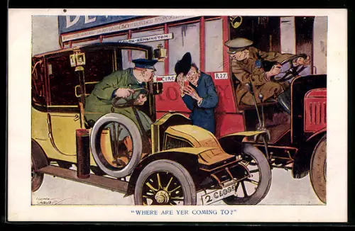 Künstler-AK Where are yer coming to?, Grantige Automobilisten blaffen einen Geistlichen an