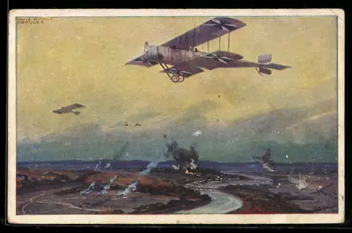 Künstler-AK Hans Rudolf Schulze: Militärdoppeldecker auf Erkundungsflug an Marne