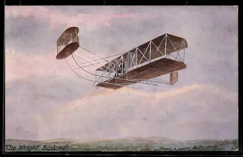 Künstler-AK Doppeldecker-Flugzeug von Wright