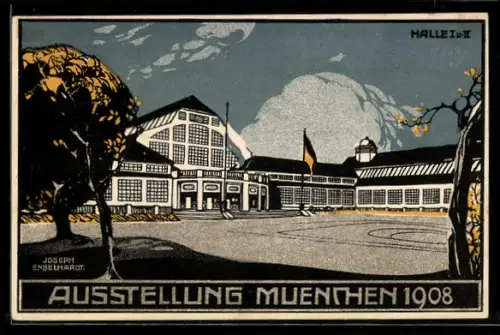 Künstler-AK P.O.Engelhard (P.O.E.): München, Ausstellung München 1908, Halle I u. II