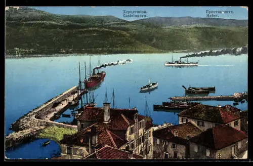 AK Castelnuovo, Hafen mit Dampfern