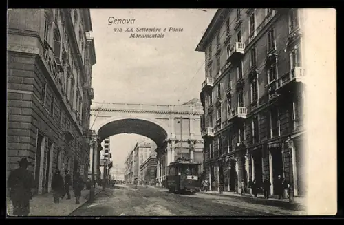 AK Genova, Via XX Settembre e Ponte Monumentale, Strassenbahn