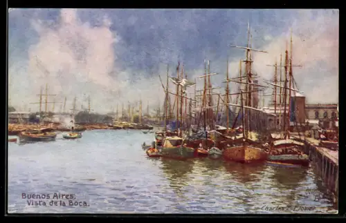 Künstler-AK Charles F. Flower: Buenos Aires, Vista de la Boca, Segelboote liegen im Hafen