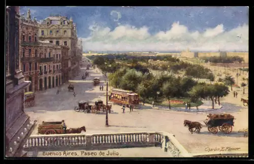 Künstler-AK Buenos Aires, Paseo de Julio, Strassenbahn